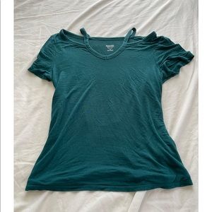 Deep green t shirt with open collar/shoulder.
